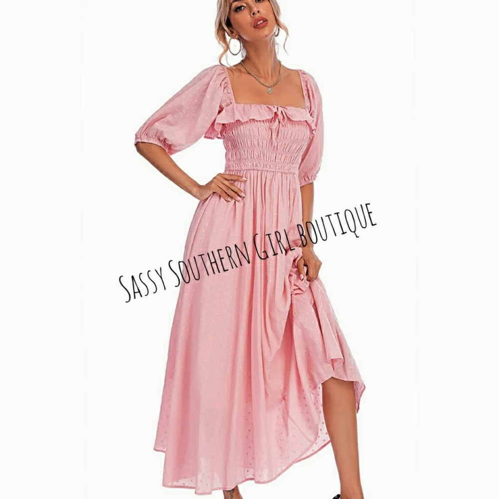 🆕⭐ Boho rose pink smocked swiss dot dress - Picture 6 of 11